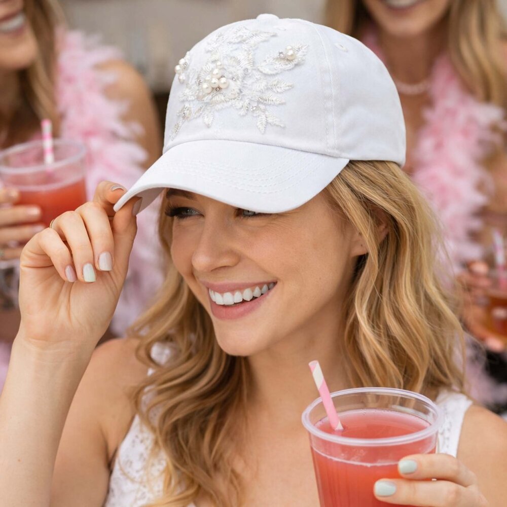 Bridal White Cotton Baseball Cap Pearl Lace Applique Bachelorette Party Hat Gift